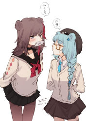 Rule 34 | 2girls, animal ears, arknights, arms behind back, bear ears, beret, black choker, black headwear, black sailor collar, black skirt, blue hair, blue neckwear, braid, brown hair, brown legwear, cardigan, chinese commentary, choker, commentary request, dated, closed eyes, facing another, grey cardigan, grey eyes, grey sweater, hat, highres, istina (arknights), long hair, long sleeves, looking at another, miniskirt, monocle, multicolored hair, multiple girls, necktie, pantyhose, pleated skirt, red hair, sailor collar, simple background, single braid, skirt, streaked hair, sweater, thought bubble, translation request, white background, ya kexi, yuri, zima (arknights)