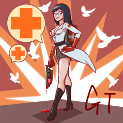 Rule 34 | 1girl, bird, blood, boots, breasts, dove, female focus, gender request, genderswap, glasses, gloves, gotwin, hand on own hip, high heel boots, high heels, long hair, medic (tf2), red gloves, shiny skin, solo, team fortress 2