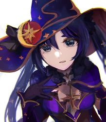 Rule 34 | 1girl, blue hair, blurry eyes, dark blue hair, fur collar, fusyo fuka, genshin impact, gloves, gold trim, hand up, hat, highres, jewelry, long hair, looking at viewer, mona (genshin impact), open mouth, simple background, solo, star (symbol), twintails, white background, witch hat