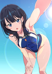 Rule 34 | 1girl, :o, absurdres, armpits, bare arms, bent over, black hair, blue eyes, blue sky, blush, breasts, competition swimsuit, covered navel, day, gridman universe, highres, leaning forward, looking at viewer, medium breasts, one-piece swimsuit, open mouth, outstretched arm, sideboob, sky, solo, ssss.gridman, standing, swimsuit, takarada rikka, wet, yuuuun0218