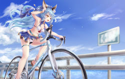 Rule 34 | 1girl, :d, animal ear fluff, arm up, armpits, bare legs, bell (angelicalary), belt, bicycle, bikini, blue hair, blue skirt, blue sky, blush, bracer, breasts, cleavage, cleavage cutout, clothing cutout, cloud, day, erune, ferry (granblue fantasy), ferry (summer) (granblue fantasy), granblue fantasy, guard rail, hair ribbon, highres, long hair, miniskirt, ocean, open mouth, outdoors, red ribbon, ribbon, riding, riding bicycle, sandals, skirt, sky, small breasts, smile, solo, swimsuit, thigh strap, very long hair, water, white bikini, yellow eyes