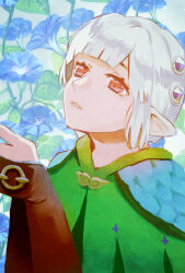 Rule 34 | 1girl, blunt bangs, ena (monster hunter), flower, hair ornament, hand up, highres, jewelry, looking up, mizumonai, monster hunter (series), monster hunter stories 2, morning glory, pointy ears, red eyes, short hair, solo, upper body, white hair