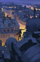 Rule 34 | 1girl, architecture, back, back cutout, bodysuit, building, city, city lights, cityscape, clothing cutout, colored skin, dome, floating hair, from behind, gun, hair ornament, hair tie, highres, holding, holding gun, holding weapon, holster, long hair, night, outdoors, overwatch, overwatch 1, purple hair, purple skin, rifle, rooftop, scenery, snatti, sniper rifle, solo, standing, thigh holster, weapon, widowmaker (overwatch), window