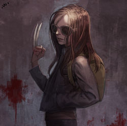 Rule 34 | 1girl, backpack, bag, black jacket, blood, blood on wall, brown hair, buttons, from side, hand in pocket, highres, jacket, laura kinney, logan (movie), long hair, long sleeves, marvel, nose, parted lips, solo, sung uk kim, sunglasses, x-23, x-men