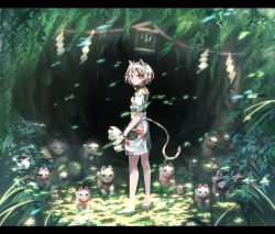 Rule 34 | 1girl, :3, animal ears, arikoro88, bell, bush, calico, cat ears, cat girl, cat tail, cave, collar, dappled sunlight, from side, goutokuji mike, grass, highres, holding, letterboxed, looking at viewer, maneki-neko, midriff, multicolored hair, neck bell, orange eyes, outdoors, patch, puffy short sleeves, puffy sleeves, rock, shirt, short sleeves, skirt, smile, solo, stone, streaked hair, sunlight, tail, touhou, unconnected marketeers, white hair, white shirt, white skirt, wristband