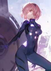 Rule 34 | 1girl, alternate costume, black bodysuit, bodysuit, breasts, commentary, crossover, fate/grand order, fate (series), floating hair, hair between eyes, hair over one eye, highres, holding, holding shield, impossible bodysuit, impossible clothes, looking to the side, lord camelot (fate), mash kyrielight, medium breasts, multicolored bodysuit, multicolored clothes, neon genesis evangelion, open mouth, parted lips, pilot suit, pink eyes, pink hair, plugsuit, purple bodysuit, revision, shield, short hair, siino, simple background, solo, teeth