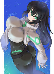Rule 34 | 1girl, amania orz, aqua eyes, ass, black bodysuit, black hair, blush, bodysuit, breasts, floating, from behind, gundam, gundam build divers, gundam build divers re:rise, highres, impossible bodysuit, impossible clothes, large breasts, legs together, long hair, long sleeves, looking at viewer, looking back, may (gundam build divers re:rise), parted lips, shiny skin, shrug (clothing), solo