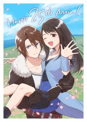 Rule 34 | 1boy, 1girl, anniversary, arm around shoulder, arm ribbon, belt, bike shorts under skirt, black footwear, black gloves, black hair, black jacket, black pants, black ribbon, black shirt, blue eyes, blue skirt, blue sky, boots, brown eyes, brown hair, carrying, chain necklace, cloud, cloudy sky, commentary request, day, detached sleeves, english text, expressionless, falling petals, final fantasy, final fantasy viii, flower, fur-trimmed jacket, fur trim, fyakel pf, gloves, grass, hands up, happy, highres, jacket, jewelry, leather belt, long hair, miniskirt, multicolored hair, multiple belts, necklace, ocean, one eye closed, open clothes, open jacket, open mouth, outdoors, outstretched hand, pants, petals, pink flower, pink petals, princess carry, ribbon, ring, ring necklace, rinoa heartilly, scar, scar on face, shirt, short hair, sidelocks, signature, skirt, sky, sleeveless duster, smile, squall leonhart, standing, streaked hair, studded belt, teeth, upper body, upper teeth only, v, white fur, wind