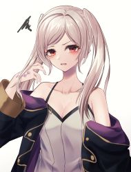 Rule 34 | 1girl, absurdres, bare shoulders, breasts, cleavage, dark persona, eyes of grima, fire emblem, fire emblem awakening, grey hair, grima (fire emblem), highres, long sleeves, looking at viewer, medium breasts, nintendo, open mouth, red eyes, reia hana, robe, robin (female) (fire emblem), robin (fire emblem), shirt, sleeveless, sleeveless shirt, slit pupils, solo, sweatdrop, twintails, upper body