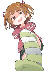 Rule 34 | 1girl, :d, blunt bangs, blush, brown eyes, brown hair, child, crossed arms, from below, green skirt, hair ribbon, ixy, jacket, looking at viewer, marui mitsuba, mitsudomoe, naughty face, no shoes, open mouth, plaid, plaid skirt, red jacket, red ribbon, ribbon, shaded face, short hair, short twintails, simple background, skirt, smile, solo, striped clothes, striped thighhighs, teeth, thighhighs, track jacket, twintails, white background
