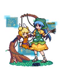 Rule 34 | 2girls, :d, apron, armor, between fingers, blonde hair, blue hair, closed eyes, closed mouth, commentary request, damaged, detached arm, display, double bun, dress, english text, green apron, hair bun, hair ribbon, hands up, haniwa (statue), haniyasushin keiki, head scarf, holding, jewelry, joutouguu mayumi, long hair, lowres, multiple girls, necklace, no legs, open mouth, pixel art, pocket, puffy short sleeves, puffy sleeves, red eyes, repairing, ribbon, sandals, sash, screen, short hair, short sleeves, smile, teardrop, the hammer (pixiv30862105), tools, touhou, transparent background, tree, vambraces, white ribbon, wrist ribbon, yellow dress