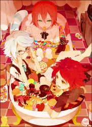 Rule 34 | 3boys, adjusting eyewear, bad id, bad pixiv id, bathtub, black border, blouse, border, cake, candy, cd, checkered floor, child, chocolate, clothes hanger, doughnut, eating, food, glasses, green eyes, hair between eyes, hand on eyewear, heart, hoo, hou (ppo), ice cream, in food, inazuma eleven, inazuma eleven (series), indoors, innertube, jar, jelly bean, kiyama hiroto, lollipop, macaron, male focus, mint chocolate, mint chocolate chip, mouth hold, multiple boys, nagumo haruya, pastry, perspective, pillow, pocky, pudding, red hair, rubber duck, shirt, speaker, stereo, striped clothes, striped shirt, suzuno fuusuke, sweets, swept bangs, swim ring, swiss roll, trap, white hair, white shirt, yellow eyes