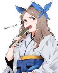 Rule 34 | 1girl, asakaze (kancolle), bare arms, blue eyes, blue hakama, blue ribbon, brown hair, colored eyelashes, dongsa wonhyong, eyebrows, eyelashes, fingernails, folding fan, hair ribbon, hakama, hakama skirt, hand fan, hand up, haori, holding, holding fan, japanese clothes, kantai collection, long hair, long sleeves, open mouth, parted bangs, ribbon, simple background, skirt, solo, sweatdrop, teeth, tongue, twitter username, upper body, v-shaped eyebrows, white background, wide sleeves