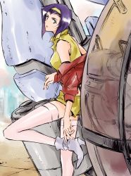 Rule 34 | 1girl, absurdres, breasts, cowboy bebop, crop top, faye valentine, green eyes, hairband, highres, jacket, lipstick, makeup, pointy nose, purple hair, red jacket, science fiction, shirt, shorts, solo, tobalin, white footwear, yellow hairband, yellow shirt, yellow shorts