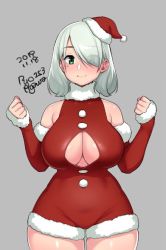 Rule 34 | 1girl, agawa ryou, bare shoulders, blush, breasts, christmas, cleavage, cleavage cutout, clenched hands, clothing cutout, commentary, dated, detached sleeves, english commentary, fur trim, green eyes, grey background, hair over one eye, hat, large breasts, looking at viewer, medium hair, mini hat, mole, mole under eye, no bra, nose blush, original, red sleeves, santa costume, santa hat, signature, silver hair, simple background, smile, solo, standing, swept bangs, unitard, w arms, wide hips