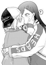 Rule 34 | !, 2girls, azusawa kohane, blush, commentary request, greyscale, hair ornament, hairclip, hand on another&#039;s face, hat, headphones, headphones around neck, highres, hug, jacket, kiss, long hair, long sleeves, medium hair, monochrome, multiple girls, partial commentary, project sekai, shiraishi an, spoken exclamation mark, toridbd, twintails, upper body, white background, yuri