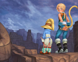 Rule 34 | 00s, 2boys, anus, ass, blonde hair, blue eyes, blush, censored, fairwind, final fantasy, final fantasy ix, full body, looking at viewer, looking behind, male focus, mosaic censoring, multiple boys, naughty face, outdoors, size difference, tagme, vivi ornitier, zidane tribal