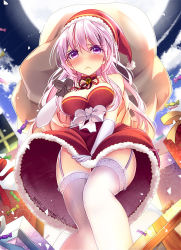Rule 34 | 1girl, :&lt;, bison cangshu, box, breasts, christmas, clothes pull, dress, dress pull, dress tug, elbow gloves, full moon, garter straps, gift, gift box, gloves, hat, lace, lace-trimmed legwear, lace trim, long hair, moon, original, pink hair, purple eyes, sack, santa costume, santa hat, solo, thighhighs, upskirt, white gloves, white thighhighs