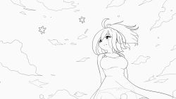 Rule 34 | 1girl, ahoge, animated, animated gif, arms behind back, breasts, cloud, cowboy shot, dress, from below, greyscale, highres, kay yu, large breasts, medium hair, monochrome, original, outdoors, panties, pink-haired girl (kay yu), ponytail, see-through, see-through dress, sky, sleeveless, sleeveless dress, solo, spaghetti strap, standing, underwear, wind, wind lift