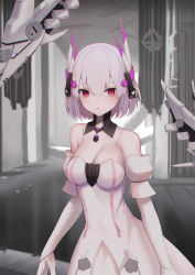 Rule 34 | 1girl, absurdres, bare shoulders, blush, breasts, cleavage, commentary request, dress, elbow gloves, gloves, headgear, highres, indoors, large breasts, liv: luminance (punishing: gray raven), liv (punishing: gray raven), looking at viewer, punishing: gray raven, short hair, silver hair, smile, solo, standing, tian115, white dress