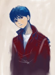 Rule 34 | 1980s (style), 1boy, akira (manga), beige background, blue hair, closed mouth, frown, grey background, head tilt, jacket, kaneda shoutarou (akira), keyworld, long sleeves, looking at viewer, male focus, oldschool, red eyes, retro artstyle, shirt, simple background, sketch, solo, t-shirt, upper body