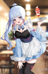 Rule 34 | 1girl, absurdres, apron, ayaka (genshin impact), black bow, black thighhighs, blue bow, blue bowtie, blue dress, blue eyes, blunt bangs, blurry, blurry background, blush, bow, bowtie, breasts, cleavage, detached collar, dress, educk, genshin impact, hair bow, high ponytail, highres, holding, holding tray, indoors, leaning forward, long hair, long sleeves, looking at viewer, maid, maid apron, medium breasts, open mouth, solo, thighhighs, tray, white hair, wide sleeves