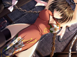 Rule 34 | 00s, 1girl, akira (usausa), bare shoulders, bdsm, blush, bondage, bound, bow, braid, breasts, brown eyes, brown hair, carnelian, chain, china dress, chinese clothes, darling, dress, covered erect nipples, game cg, hair bow, irie kozue, large breasts, scared, solo, thighhighs, thighs, twin braids