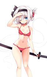 Rule 34 | 1girl, ;o, arm up, bare arms, bare legs, bare shoulders, bikini, black hairband, black ribbon, blue eyes, blush, breasts, collarbone, commentary request, feet out of frame, groin, hair between eyes, hair ribbon, hairband, highres, hitodama, holding, holding sword, holding weapon, katana, konpaku youmu, konpaku youmu (ghost), maturiuta sorato, medium breasts, navel, one eye closed, parted lips, red bikini, ribbon, scabbard, sheath, sheathed, short hair, silver hair, simple background, solo, standing, stomach, swimsuit, sword, thighs, touhou, weapon, white background