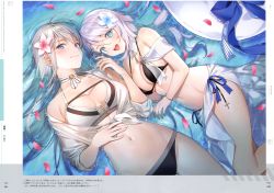 Rule 34 | 2girls, absurdres, antenna hair, artist name, azur lane, bare shoulders, bikini, black bikini, blue eyes, blush, bracelet, braid, breasts, choker, cleavage, day, detached collar, enterprise (azur lane), flower, front-tie top, hair flower, hair ornament, halterneck, highres, holding hands, huge filesize, jewelry, large breasts, long hair, looking at viewer, lying, mismatched bikini, multiple girls, navel, on back, on side, open mouth, outdoors, page number, pale skin, partially submerged, petals, purple eyes, sarong, scan, see-through, shirt, silver hair, simple background, smile, stomach, swimsuit, thighs, tokki, very long hair, vestal (azur lane), vestal (revigorating hestia) (azur lane), water, white bikini, white shirt