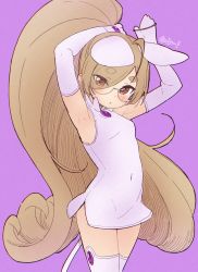 Rule 34 | 1girl, armpits, arms up, bare shoulders, blush, breasts, commentary request, copyright request, covered navel, dress, elbow gloves, eyes visible through hair, glasses, gloves, hair over one eye, high ponytail, highres, jigatei (omijin), long hair, parted lips, ponytail, purple background, semi-rimless eyewear, short dress, short eyebrows, simple background, sleeveless, sleeveless dress, small breasts, solo, thick eyebrows, thighhighs, translation request, tying hair, under-rim eyewear, very long hair, white dress, white gloves, white thighhighs