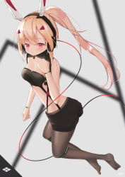 Rule 34 | 1girl, absurdres, artist name, ayanami (azur lane), ayanami (rock &#039;n&#039; demon) (azur lane), ayanami (rock &#039;n&#039; demon) (azur lane), azur lane, black pantyhose, black shorts, blonde hair, blush, bracelet, breasts, closed mouth, fingernails, headphones, highres, jewelry, long hair, looking at viewer, lows., no shoes, official alternate costume, pantyhose, ponytail, purple eyes, shorts, simple background, small breasts, solo, standing