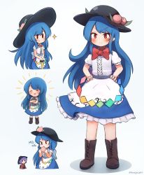 Rule 34 | 1girl, apron, black headwear, blouse, blue bow, blue hair, blue skirt, boots, bow, bowtie, brown footwear, buttons, cross-laced footwear, dress shirt, eating, ferdy&#039;s lab, food, frills, fruit, hands on own hips, hat, highres, hinanawi tenshi, lace-up boots, leaf, long hair, mg mg, multiple persona, neck ribbon, no headwear, peach, puffy short sleeves, puffy sleeves, rainbow order, red bow, red bowtie, red eyes, ribbon, shirt, shoes, short sleeves, simple background, skirt, smile, sukuna shinmyoumaru, sword of hisou, touhou, white background, white shirt, wing collar