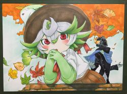 Rule 34 | 1boy, 1girl, ahoge, blue scarf, blush, bondrewd, brown skirt, commentary request, creature, fingers together, gloves, green gloves, hat, helmet, highres, horizontal pupils, jacket, leaf, long sleeves, looking at viewer, made in abyss, maple leaf, meinya (made in abyss), mtama00, outstretched arms, parted lips, photo (medium), prushka, red eyes, red neckwear, scarf, shirt, skirt, smile, traditional media, white gloves, white shirt