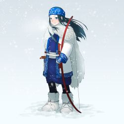 Rule 34 | 1girl, ainu, ainu clothes, asirpa, black hair, blue eyes, blush, boots, bow (weapon), cape, commentary request, full body, fur boots, fur cape, golden kamuy, snow, snowing, solo, standing, weapon, yue (tada no saboten)
