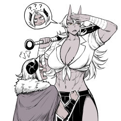 Rule 34 | 2girls, ?, ??, abs, alvida (peach88), anger vein, arm wrap, breasts, cape, cleavage, collarbone, delinquent, demon girl, demon horns, fur cape, horns, kirika (peach88), large breasts, multiple girls, oni, oni horns, original, peach88, red eyes, sharp teeth, teeth