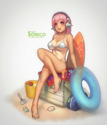 Rule 34 | 10s, 1girl, 2010, artist name, bikini, breasts, character name, cleavage, dated, flip-flops, headphones, heart, heart-shaped pupils, large breasts, long hair, looking at viewer, navel, nitroplus, open mouth, pink eyes, pink hair, red eyes, sandals, shouai, smile, solo, super sonico, swimsuit, symbol-shaped pupils, tan, tanline, white bikini