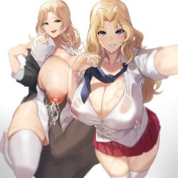 Rule 34 | 1boy, 1girl, aji (sakanaaj1), blonde hair, blue eyes, blue necktie, breast milk, breasts, cleavage, collared shirt, dark-skinned male, dark skin, girls und panzer, grabbing, grabbing another&#039;s breast, highres, huge breasts, kay (girls und panzer), lactation, lactation through clothes, long hair, looking at viewer, necktie, nipples, open mouth, out of frame, pleated skirt, red skirt, see-through, shirt, skirt, sleeves rolled up, smile, sweat, thick thighs, thighhighs, thighs, white background, white thighhighs