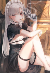Rule 34 | 1girl, bare legs, black dress, black footwear, breasts, cigarette, cleavage, crate, dress, frills, gloves, gun, handgun, highres, holding, holding gun, holding weapon, kfr, large breasts, long hair, looking at viewer, maid, maid headdress, original, puffy short sleeves, puffy sleeves, red eyes, revolver, shoes, short sleeves, silver hair, sitting, smoking, solo, thigh strap, thighs, weapon, white gloves