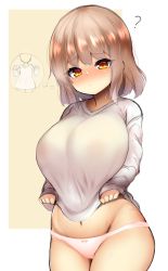 Rule 34 | 1girl, ?, blush, border, bow, bow panties, breasts, brown eyes, brown hair, closed mouth, confused, cowboy shot, dot mouth, dress, groin, highres, huge breasts, imagining, inconvenient breasts, long sleeves, looking down, medium hair, midriff, navel, no pants, original, outside border, panties, raised eyebrows, short dress, simple background, solo, sweat, thighs, thought bubble, undersized clothes, underwear, wardrobe malfunction, watari1118, white dress, white panties, yellow background