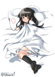 Rule 34 | ..., 10s, 1girl, bad id, bad twitter id, bed sheet, black eyes, black hair, black socks, blanket, blush, ebifurya, hatsuyuki (kancolle), highres, inactive account, kantai collection, kneehighs, long hair, lying, on side, one-hour drawing challenge, open mouth, panties, panty pull, pillow, pulling another&#039;s clothes, short sleeves, sidelocks, simple background, socks, solo focus, spoken ellipsis, sweat, twitter username, underwear, white background, white panties