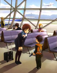 Rule 34 | 2girls, 3boys, aircraft, airplane, airport, bad id, bad pixiv id, bag, baseball cap, black legwear, blonde hair, blue eyes, brown hair, cellophane, cellphone, chair, child, cloud, day, eijima moko, flight attendant, flying, glasses, hands on own knees, hat, highres, leaning forward, lost child, mountain, multiple boys, multiple girls, open mouth, original, pantyhose, pencil skirt, phone, reading, rolling suitcase, scarf, shadow, short hair, shoulder bag, skirt, suitcase, tower, toy, toy airplane, travel attendant, uniform