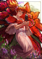 Rule 34 | 1boy, 1other, absurdres, armor, bare shoulders, brown hair, butterfly wings, dark knight (final fantasy), dress, earrings, feo ul, final fantasy, final fantasy xiv, flower, full body, giant, grass, green eyes, highres, huge filesize, hyur, in palm, insect wings, jewelry, lilac, long dress, meadow, necklace, off-shoulder dress, off shoulder, on (isk1812), orange hair, outdoors, pauldrons, pink dress, pointy ears, short hair, short twintails, shoulder armor, size difference, sparkle, standing, tiara, titania (final fantasy), twintails, wide sleeves, wings