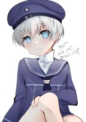 Rule 34 | 9610 (kuroto), absurdres, blue eyes, child, clothes writing, crossed legs, dated, dress, grey hair, hat, highres, kantai collection, long sleeves, looking at viewer, sailor collar, sailor dress, sailor hat, shirt, short hair, sitting, white shirt, z1 leberecht maass (kancolle)