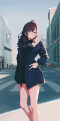 Rule 34 | 1girl, absurdres, ahoge, alternate costume, bare legs, black dress, blue jacket, blurry, blurry background, casual, commentary request, dress, feet out of frame, highres, ichinose shiki, idolmaster, idolmaster cinderella girls, jacket, looking to the side, outdoors, people, purple hair, qingli ye, sleeveless, sleeveless dress, solo, sweater, sweater dress