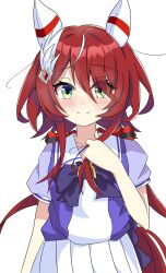 Rule 34 | 1girl, absurdres, animal ears, closed mouth, collarbone, green eyes, hair between eyes, hair ornament, highres, horse ears, horse girl, horse tail, long hair, looking at viewer, low twintails, red hair, school uniform, smile, solo, tail, tracen school uniform, twintails, umamusume, white background, win variation (umamusume), ziromaru765