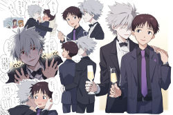 Rule 34 | 11kkr, 2boys, 3girls, annoyed, ayanami rei, belt, black neckwear, black shirt, black suit, blouse, blue eyes, blue hair, blue suit, blush, brown hair, closed eyes, closed mouth, collared shirt, cup, dress, drink, drinking glass, eating, food, fork, formal, glass, glasses, hand on another&#039;s hip, ikari shinji, kabedon, kiss, kissing hand, long hair, looking at another, looking to the side, makinami mari illustrious, multiple boys, multiple girls, multiple views, nagisa kaworu, necktie, neckwear request, neon genesis evangelion, open mouth, orange hair, purple dress, purple neckwear, red eyes, shirt, short hair, simple background, smile, souryuu asuka langley, sparkle, standing, suit, sweatdrop, translation request, white background, white shirt