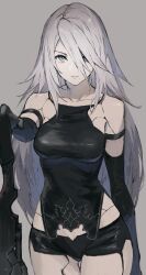 Rule 34 | 1girl, absurdres, android, bare shoulders, black gloves, blue eyes, breasts, cracked skin, elbow gloves, fubuki (fakemonkey0224), gloves, grey hair, hair over one eye, highres, holding, holding sword, holding weapon, long hair, medium breasts, mole, mole under mouth, nier:automata, nier (series), short shorts, shorts, solo, sword, weapon, a2 (nier:automata)