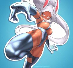 Rule 34 | 1girl, :d, animal ears, arm strap, artist name, bare shoulders, blue background, boku no hero academia, breasts, commentary, dark-skinned female, dark skin, elbow gloves, english commentary, feet, gabriel carrasquillo, gloves, grin, highleg, holographic clothing, large breasts, long eyelashes, long hair, looking at viewer, mirko, nail polish, open mouth, outline, parted bangs, patreon username, ponytail, purple nails, rabbit ears, rabbit girl, red eyes, sideboob, smile, solo, standing, standing on one leg, stirrup legwear, teeth, thick thighs, thighhighs, thighs, toeless legwear, toenail polish, toenails, toes, toned, very long hair, white hair, white outline