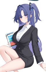 Rule 34 | 1girl, alternate costume, black jacket, black skirt, blue archive, closed mouth, collared shirt, halo, high-waist skirt, highres, holding, holding tablet pc, jacket, konishi (kn4), long hair, long sleeves, looking at viewer, office lady, purple eyes, purple hair, shirt, simple background, skirt, smile, solo, tablet pc, two side up, white background, white shirt, yuuka (blue archive)