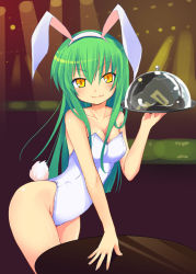Rule 34 | 00s, 1girl, :3, alternate costume, animal ears, arm support, bare legs, bare shoulders, bent over, blush, breasts, c.c., card, carrying, cleavage, code geass, collarbone, fake animal ears, female focus, fingernails, green hair, groin, hair between eyes, hairband, hip focus, indoors, kishiri toworu, leaning forward, leotard, lips, long fingernails, long hair, long image, looking at viewer, miyao ryuu, outstretched arm, playboy bunny, playing card, purple background, rabbit ears, rabbit tail, reflection, shiny skin, smile, solo, spotlight, standing, table, tail, tall image, thighs, tray, waitress, yellow eyes